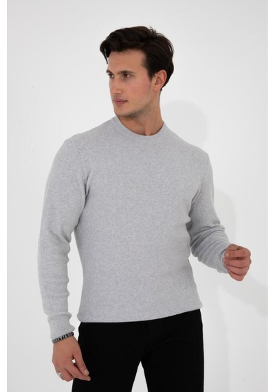 Erkek Gri Regular Fit Bisiklet Yaka %100 Pamuk Triko Kazak Hlthe012131
