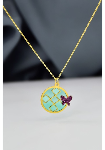 925 Ayar Gümüş Gold Kaplama Geometrik Desenli Rüya Serisi Cam Boyalı, Mini Kelebek Kolye