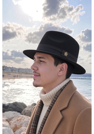Mollycrush Erkek Kışlık Şık Siyah Fötr Şapka Geniş Siperli Kemer Detaylı Keçe Fedora Siyah
