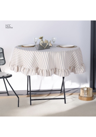 Dnc Home Tekstil  Gri Çizgili Keten Yuvarlak Fırfırlı Masa Örtüsü Griçizgili