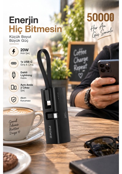 5000 Mah Powerbank 20w Pd Hızlı Şarj Dahili Lightning Kablolu Usb-c Taşınabilir Şarj Cihazı siyah