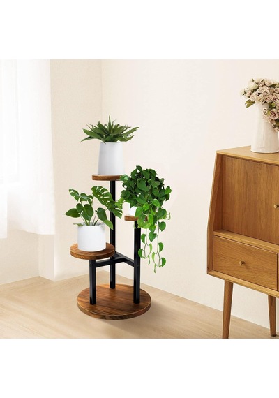 Çiçeklik 3 Raflı Saksılık Dekoratif 3 Raflı Çiçeklik Metal Doğal Ahşap Saksılık Çiçek Rafı Daire Model 70 Cm