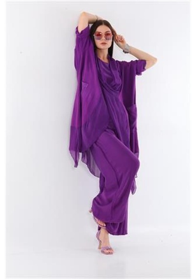 Italyan Ipek Detaylı Oversize Kap Bluz- Wes Pantolon Takım Mor