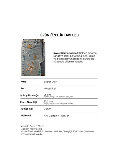 it's basic Kadın Kot Rengi 4s6-65 Nakışlı Özel Tasarım Bermuda Denim Şort Çok Renkli