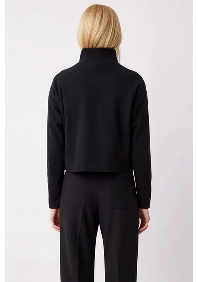 Benerly Kadın Dik Yaka Düşük Kol Fermuarlı Regular Kalıp Örme Sweatshirt siyah