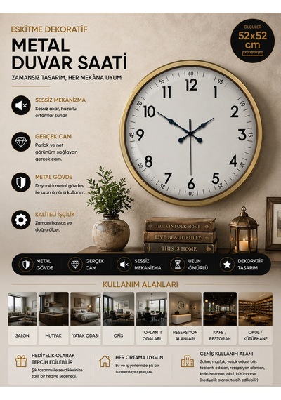 52 Cm Eskitme Metal Dekoratif Duvar Saati