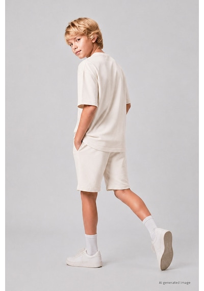 TOMMYLIFE Ekru Oversize Fit Basic Erkek Çocuk Şort Takım - 11335