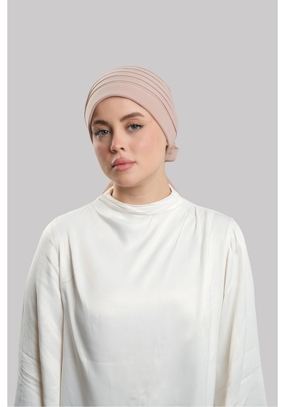 Hürrem Bone Bej Pratik Hazır Geçmeli Tesettür Bone Sandy Kumaş Pileli Nervürl Bej
