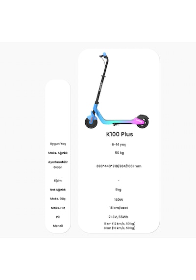 K100 Plus Ayarlanabilir Gidonlu Çocuk Elektrikli Scooter 160w Güç 11 Km Menzil Mavi