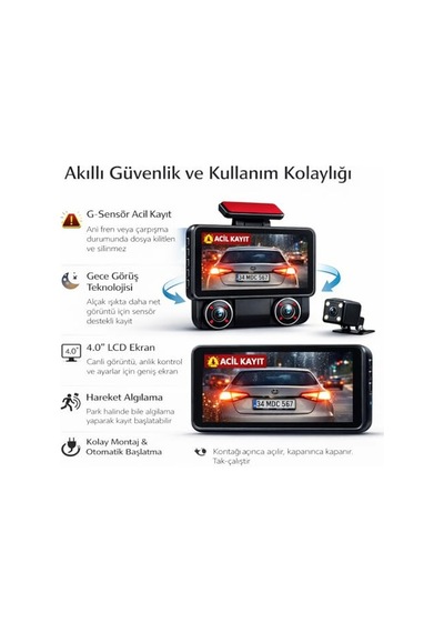 Ön Ve Arka Kameralı 2.0 Ips Hd Ekran Wifi Ve G Sensörlü Akıllı Araç Kamerası Cmr100
