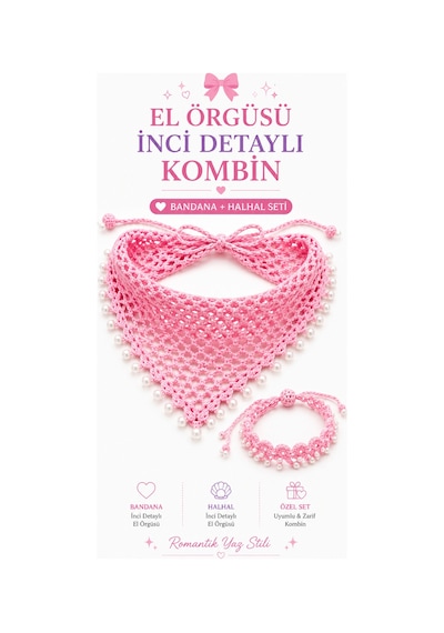 Kadın El Örgüsü Üçgen Bandana Halhal Ayak Bilekliği Hediyeli Bohem Yazlık Saç Bandanası Plaj Tatil Festival Aksesuarı Pembe