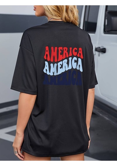 Flood Of Style Kadın Siyah America Baskılı Oversize