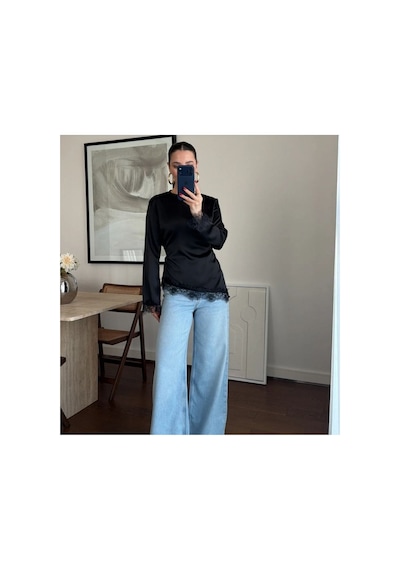 Mayrem Kadın Dantel Detaylı Sırt Bağlamalı Saten Bluz SIYAH