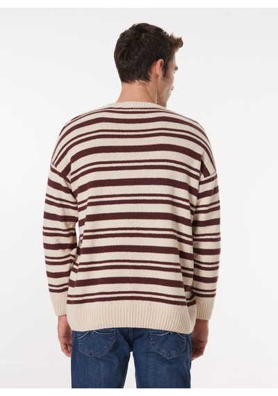 Mustang Erkek Kahve - Bej Bisiklet Yaka Loose Fit Çizgili Kazak M4wm-kzk-1622