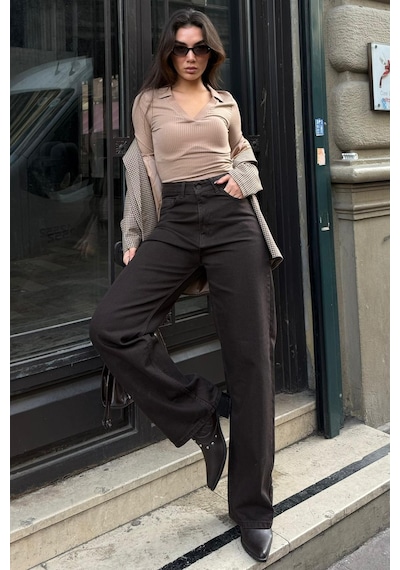 Kahverengi Wide Leg Kadın Pantolon Mg2614