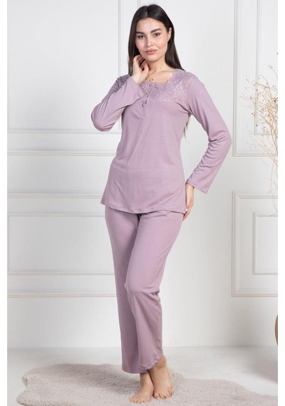 Mecit Pijama Mecit 6104 Bayan Gül Kurusu Büyük Beden Uzun Kollu Pijama Takımı Gülkurusu