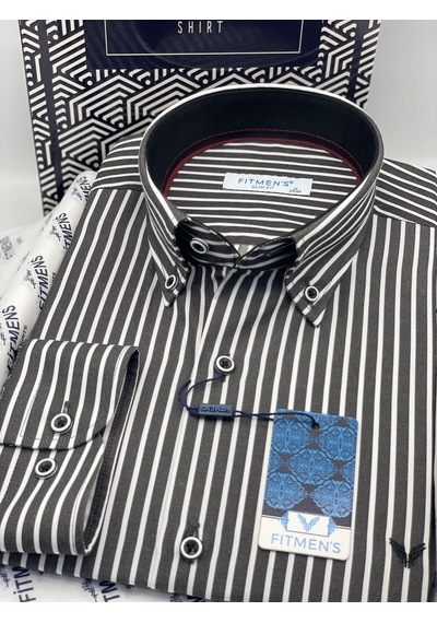 Slim Fit Uzun Kol Premium Kalın Çizgili Yaka Düğmeli Hediye Kutulu Kolay Ütülenebilir Erkek Gömlek Fs-001375 - Siyah-1487