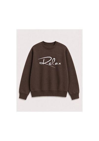 Herkesemoda Relax Yazılı Baskı Detaylı Şardonlu 2 İplik Bisiklet Yaka Sweatshirt Kahverengi