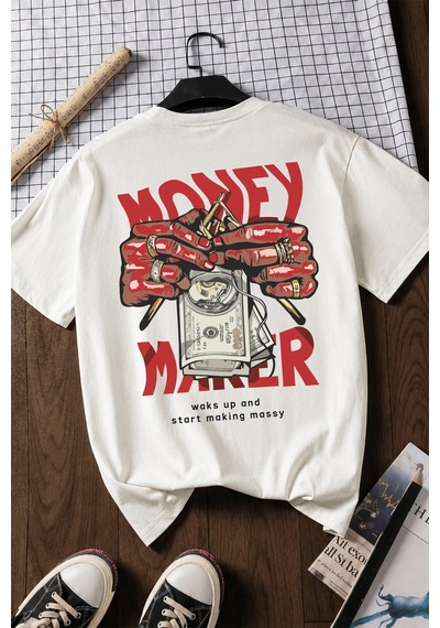 Spoyi Money Maker Tasarımlı %100 Pamuk Yarım Oversize Beyaz T-xlhirt