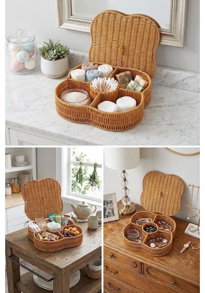 Plentiful Kapaklı 5 Bölmeli Plastik Rattan Organizer Kutu Hasır Desenli Çok Amaçlı Saklama Ve Sunum Bej - Şeffaf