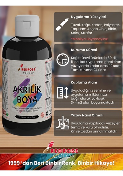 Red Rose Siyah Akrilik Boya 250 G