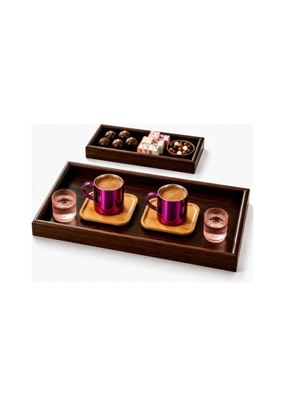 Aynalı Borosilikat Cam Türk Kahvesi Fincan Seti,kırmızı,2x125ml Bambu Tabaklı, Isıya Dayanıklı Mor