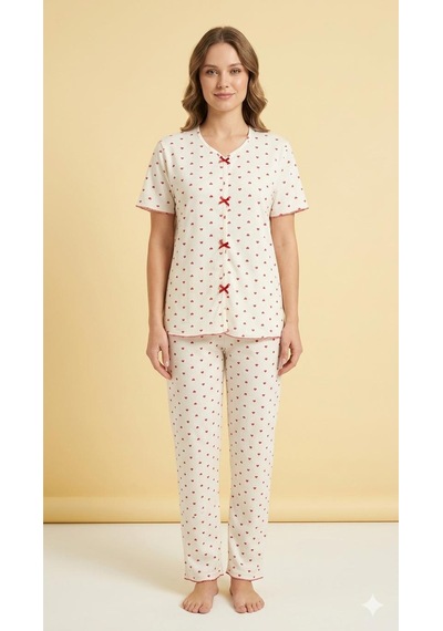 Sleeproom Yazlık Ekru Kırmızı Kalp Desenli Kısa Kol Penye %100 Pamuk Pijama Takım