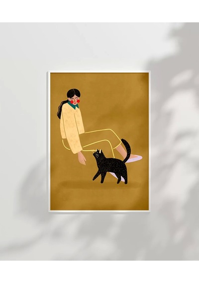 Çerçevesiz Poster Kedi Ve Kadın İllüstrasyon