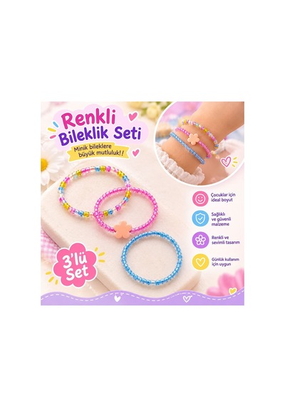 Renkli Boncuklu Çocuk Bileklik Seti - 3'lü, Çiçek Figürlü, Kız Çocuk Takı