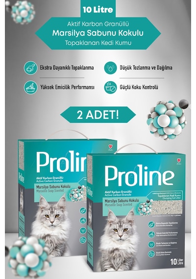 Proline Aktif Karbon Granüllü Marsilya Sabun Kokulu Bentonit Kedi Kumu 2x10 Lt