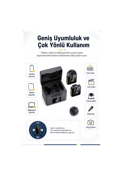 Kablosuz Tüylü Siyah Yaka Mikrofonu 1 Alıcı 2 Verici Şarj Kutulu Dijital Ekranlı 2.4g Gürültü Azaltmalı Type-c Lightning Uyumlu Mikrofon Seti Siyah Siyah