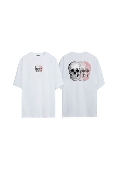 Thewert Unisex Üç Kuru Kafa Ön Arka Baskılı Beyaz Oversize T-shirt