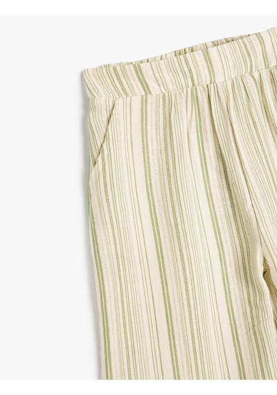 Koton Bol Paça Pantolon Beli Lastikli Cepli Pamuklu Yeşil Çizgili 4skg40173aw Yeşil
