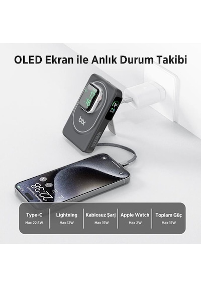Tpb16 10.000 Mah Oled Ekranlı Manyetik Kablosuz Powerbank 20w Pd Hızlı Şarj Ve 15w Magsafe Siyah