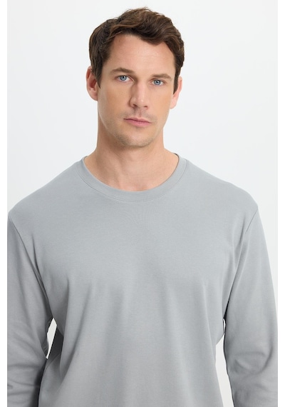 Tudors Unisex Relax Fit Rahat Kesim %100 Pamuk Uzun Kollu Bisiklet Yaka Gri Basic Tişört-41828 Gri