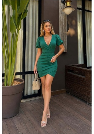 Lior Design Kadın Vintage Kruvaze Yaka Büzgülü Balon Kollu Abiye Elbise Zümrüt