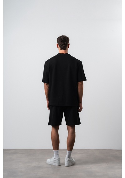 Erkek Nakış Detaylı Regular Fit T-shirt Şort Takım Siyah