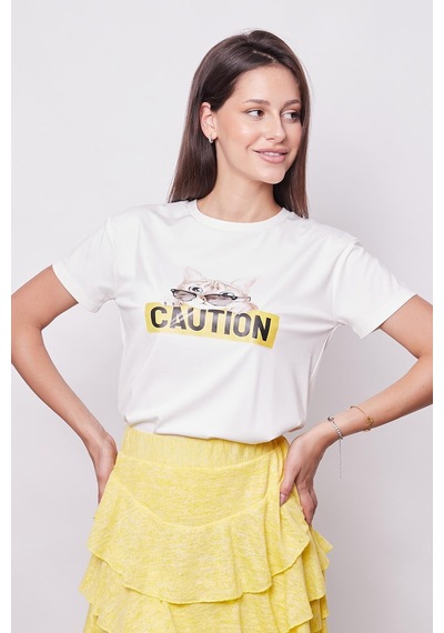 Jument Baskılı Sıfır Yaka Kırışmaz Span Karışımlı Şık Kısa Kol T-shirt Bluz-gözlük Baskılı Desen Güneş Gözlüklü Kedi