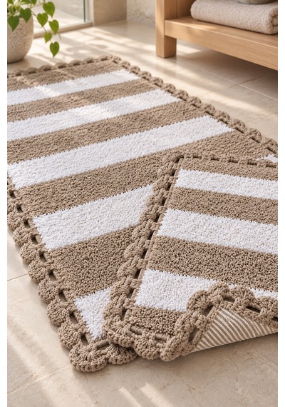 Alanur Bodrum Tufting Cotton Pamuklu El Işi Örgülü 2 Li Paspas 112 Beyaz - Kahve