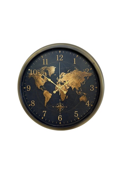 Eskitme Atlas Dünya Haritalı 40 X 40 Cm Siyah Metal Duvar Saati