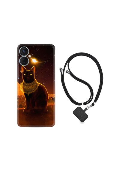 Tecno Spark 9T Kılıf İpli Boyun Askılı Desenli Silikon Kraliçe Kedi 1873