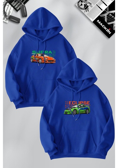 Macklin Arkadaş Çift Kombin Hızlı Ve Öfkeli Eclipse & Supra Baskılı Kapüşonlu Sweatshirt 2li Set Takım Mavi Mck1286 Mavi