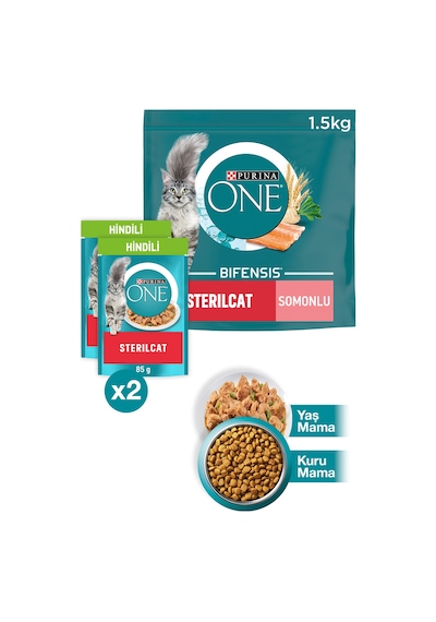 Purina One Somonlu Kısırlaştırılmış Kedi Maması 1500 G + Purina One Sterilcat Somon Kısırlaştırılmış Kedi Maması 2 x 85 G