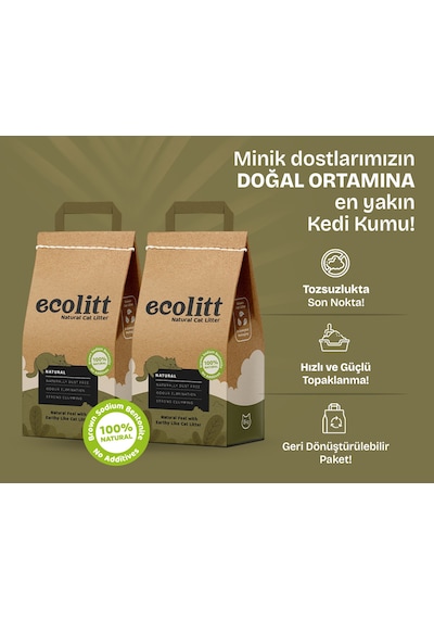 Ecolitt Kraft Pakette Tozsuz Topaklanan Kahverengi Bentonit Natura Kedi Kumu 2 x 8 KG