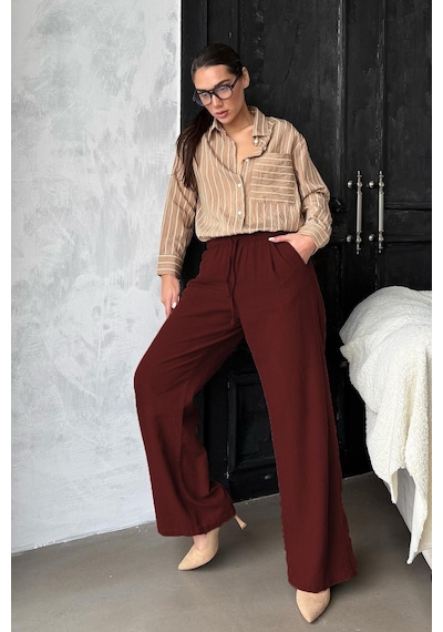 Madmext Bordo Beli Büzgülü Wide Leg Kumaş Pantolon Mg1950 Bordo