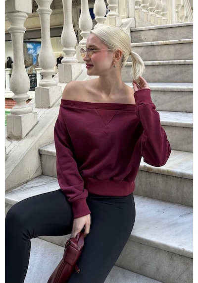 Madmext Bordo Kayık Yaka Kadın Sweatshirt Mg2239 Bordo