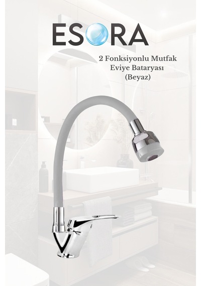 Oynar Borulu Çift Su Girişli 2 Fonksiyonlu Mutfak Eviye Bataryası Musluğu Beyaz