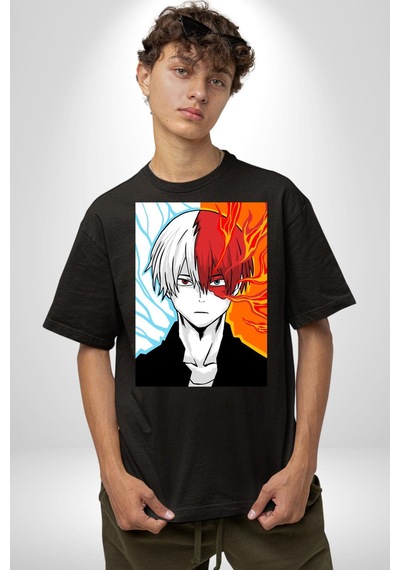 My Hero Academia Boku Anime Pamuklu Bisiklet Yaka Unisex Oversize Boyfriend Dijital Baskılı Siyah T-shirt Siyah