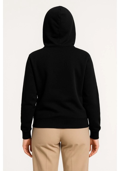 Kadın 3 İplik Kapüşonlu Tam Fermuarlı Kanguru Cepli Sweatshirt Hoodie - Siyah