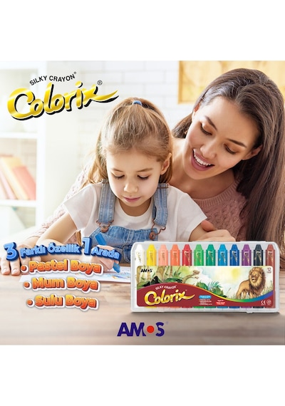 Amos Silky Crayon Colorix - Üçü Bir Arada Boya (MUM BOYA, PASTEL BOYA, SULUBOYA) - 12 Renk